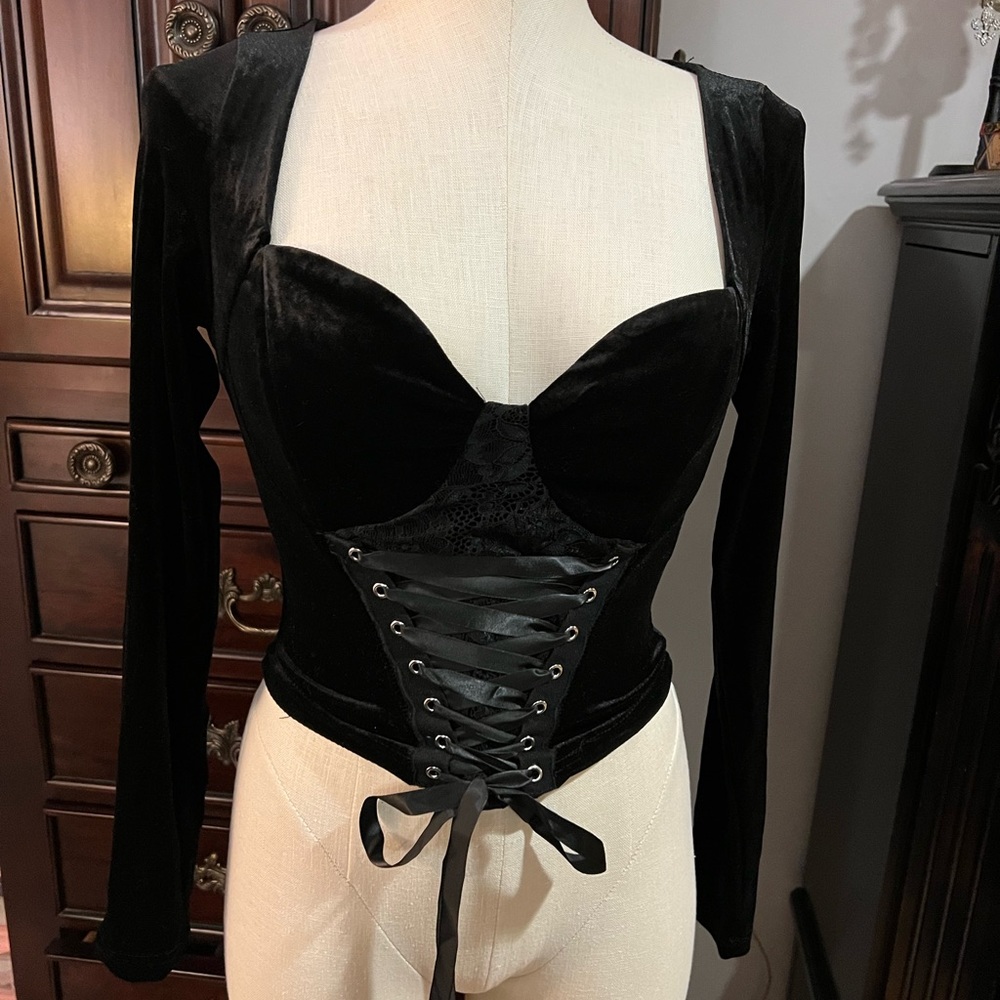 Goth Velvet Lace Up Long Sleeve Bustier